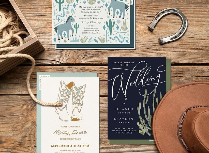 Western invitations: 3 invitation cards, a hat, and a horseshoe