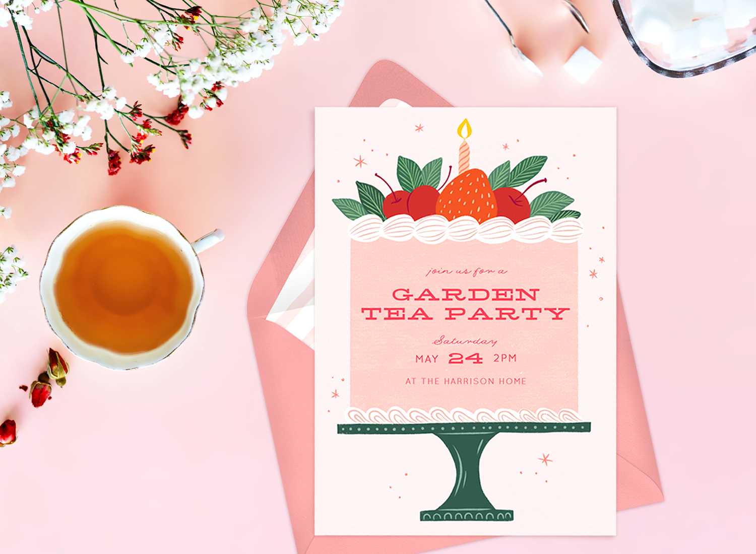 Tea party invitations: a cup of tea, flowers, and an invitation