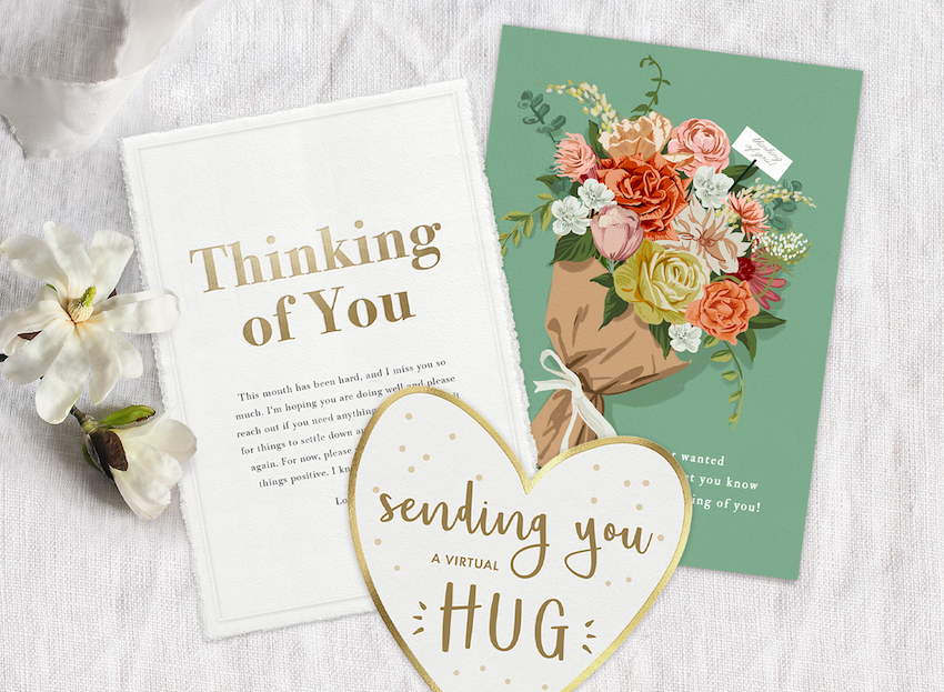 Three thinking of you cards with flowers and ribbon