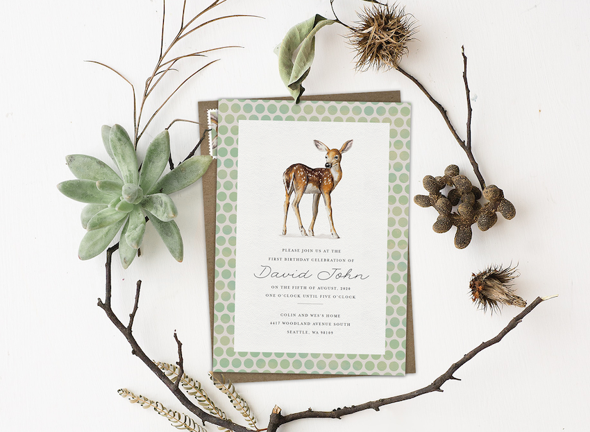 A woodland baby shower invitation surrounded by twigs and plant life