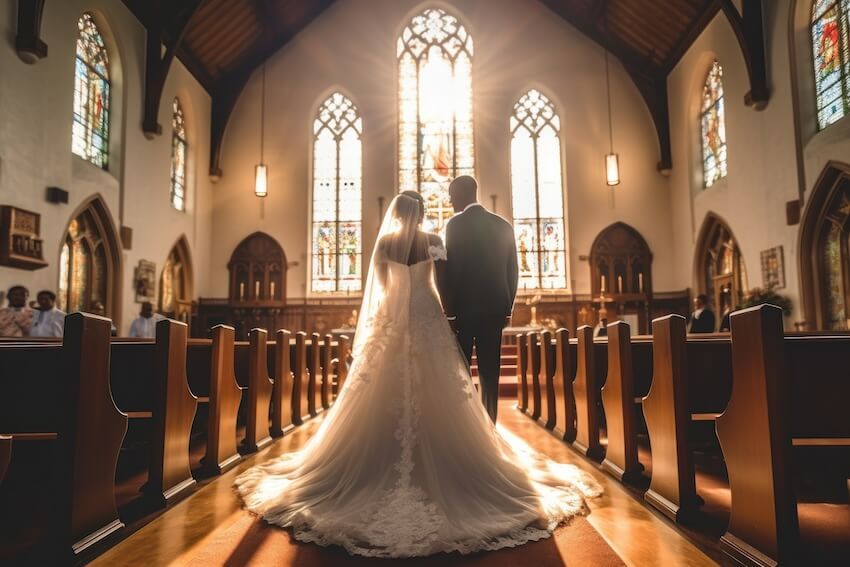 Catholic wedding invitation: bride and groom walking down the aisle of a church