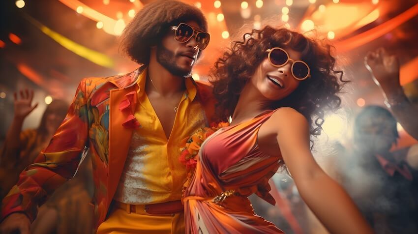 Couple wearing 70s theme party outfits