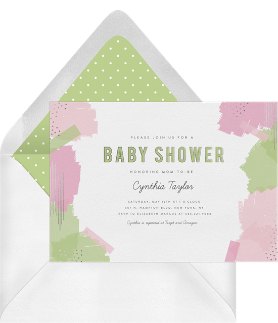 Baby shower invitations for boys: the Whimsical Brush Strokes invitation in green and pink colorways