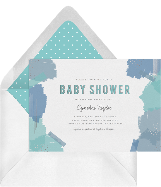 Baby shower invitations design: the Whimsical Brush Strokes invitation in blue colorways