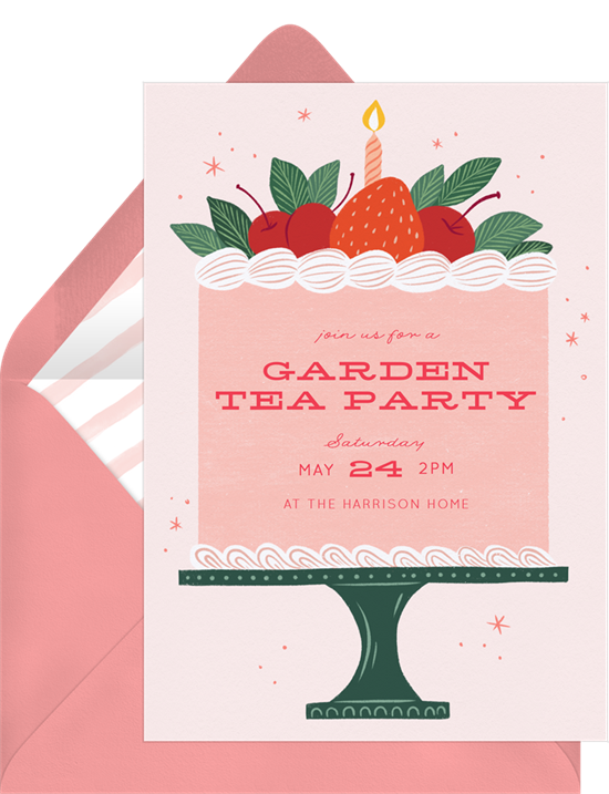 Tea party invitations: the Sweet Berry Cake invitation design from Greenvelope