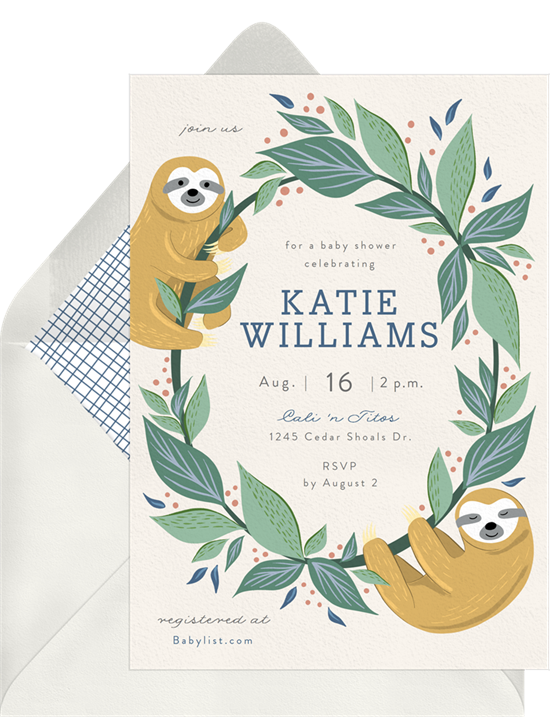 Baby Sloths woodland baby shower invitations from Greenvelope
