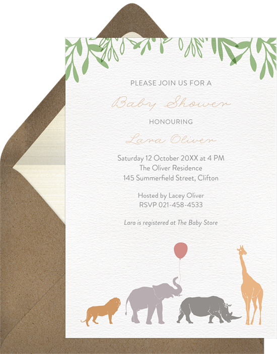 Safari Mama woodland baby shower invitations from Greenvelope