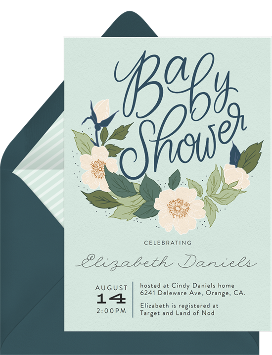 Anemone Wreath woodland baby shower invitations from Greenvelope