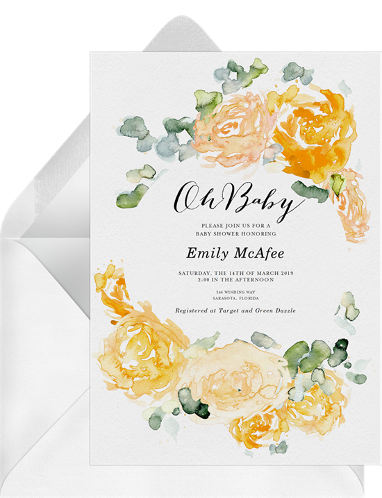 Watercolor Peonies woodland baby shower invitations from Greenvelope