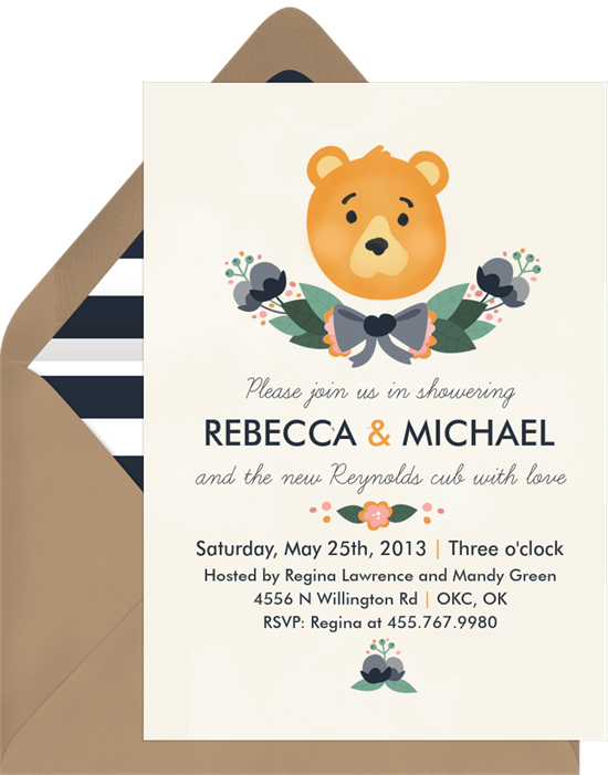 Little Cub woodland baby shower invitations from Greenvelope