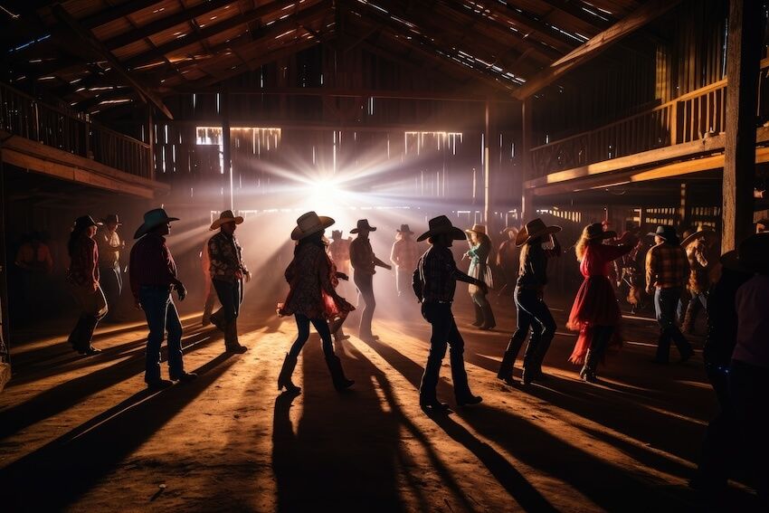 People wearing cowboy hats while dancing in a barn