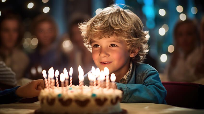 8 year old birthday party ideas: portrait of a boy and his birthday cake