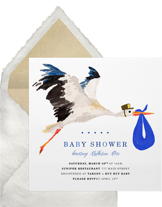 Baby shower invitations for boys: the Special Delivery Stork Invitation design from Greenvelope