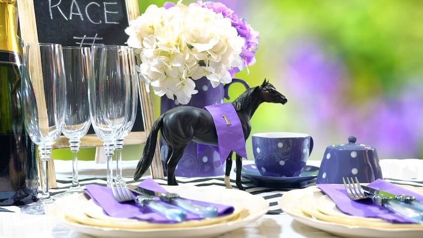 Kentucky Derby themed party: table setting with a miniature horse