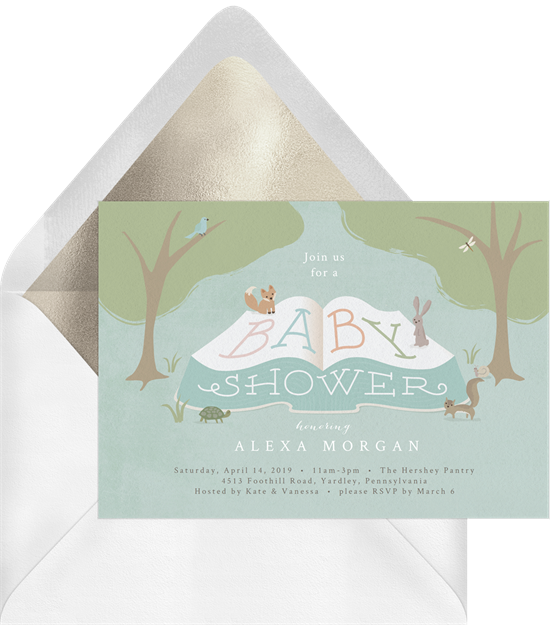 Baby shower invitations for boys: the Woodland Story Time invitation design from Greenvelope